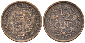 Нидерланды 1/2 цента 1917 Вильгельмина (1890-1948) KM 138 бронза 4576-415