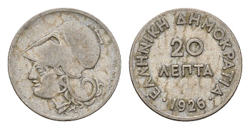 Греция 20 лепт 1926 Афина в коринфском шлеме, год-тип KM 67 медно-никель 4668-1234