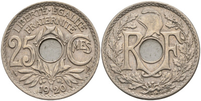 Франция 25 сантимов 1920 KM 867a, Le Franc 171.7 медно-никель 4142-1257