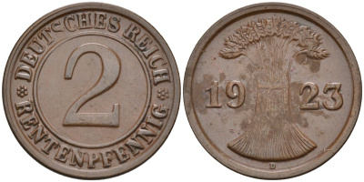 Германия 2 рентенпфеннига 1923 D KM 31, J.307, Weege 3 медь 4584-555