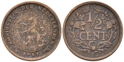 Нидерланды 1/2 цента 1917 Вильгельмина (1890-1948) KM 138 бронза 4576-415