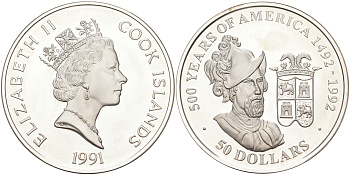 ОСТРОВА КУКА 50 ДОЛЛАРОВ 1991 500 ЛЕТ ОТКРЫТИЮ АМЕРИКИ, ФРАНСИСКО ПИСАРРО, ВЕС 31,1035 ГР. KM 189 серебро PROOF 1074-7-31