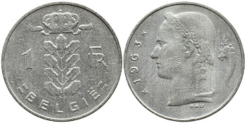 БЕЛЬГИЯ 1 ФРАНК 1963 BELGIE KM 143.1 медно-никель 4388-631