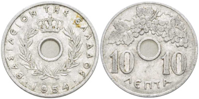 Греция 10 лепта 1954 Павел I (1947-1964), виноградная лоза KM 78 алюминий 210-916