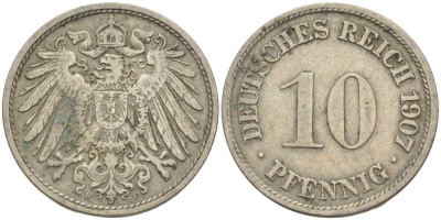 Германия 10 пфеннигов 1907 F KM 12, J. 13, Weege 8 медно-никель 31-112