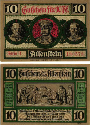 АЛЛЕНШТАЙН 10 ПФЕННИГОВ 1921 НОТГЕЛЬД, 1 АПРЕЛЯ 1921 (1922), СЕРИЯ В, ЗЕМЛЯ ВОСТОЧНАЯ ПРУССИЯ (ПОЛЬША) Grabowski 13.2a бумага 6318-35-3-1