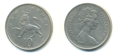 Великобритания 10 пенсов 1973 Елизавета II (1952-2022) KM 912, Spink 4231 (F1) медно-никель  59-443