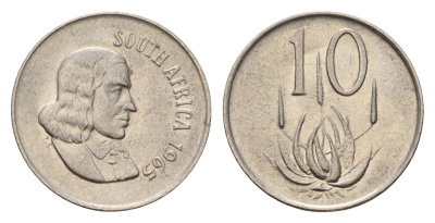 ЮАР 10 центов 1965 Ян ван Рибек (1619-1677), South Africa, легенда на африкаанс, цветок алоэ KM 68.1 никель 4687-324