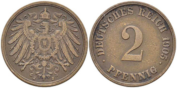 ГЕРМАНИЯ 2 ПФЕННИГА 1905 J KM 16, J. 11 медь 175-243