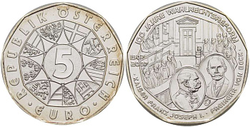 Австрия 5 евро 2007 100 лет Всеобщему избирательному праву, Франц Иосиф KM 3144 серебро UNC 02-087-13