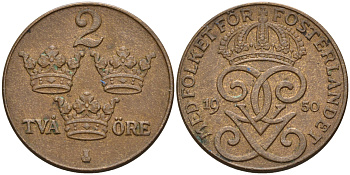 Швеция 2 эре 1950 Густав V (1907-1950) KM 778 бронза 4602-615