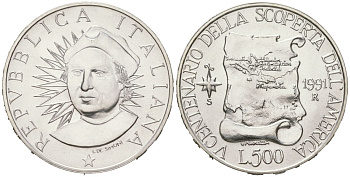 Италия 500 лир 1991 R, 500 лет открытию Америки KM 148 серебро BU 4367-935