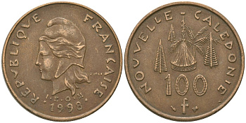 Французская Новая Каледония 100 франков 1998 хижина среди сосен и пальм, (IEOM) KM 15, Schoen 16, Lec 139b никель бронза 88-1231