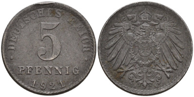 Германия 5 пфеннигов 1921 A KM 19, J. 297 железо 4151-639