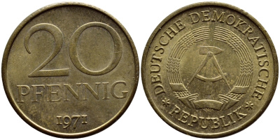ГДР 20 пфеннигов 1971 А KM 11 латунь UNC 54-1441