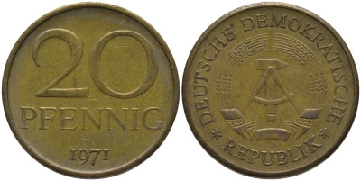 ГДР 20 пфеннигов 1971 А KM 11 латунь 186-1244