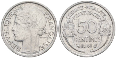 ФРАНЦИЯ 50 САНТИМОВ 1941 ТИП MORLON LOURDE KM 894.1a, LE FRANC 193.2 алюминий 44-231