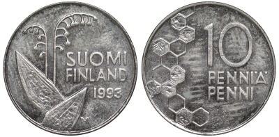 ФИНЛЯНДИЯ 10 ПЕННИ 1993 M, ЛАНДЫШ KM 65 медно-никель 3334-1163