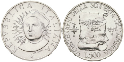 Италия 500 лир 1991 R, 500 лет открытию Америки KM 148 серебро BU 4367-935