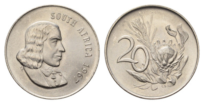 ЮАР 20 центов 1967 Ян ван Рибек (1619-1677), South Africa, легенда на английском, цветок протея KM 69.1 никель BU 4693-425