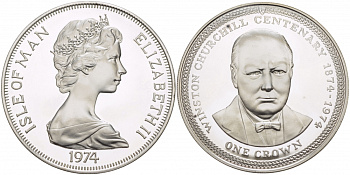 Остров Мэн 1 крона 1974 Уинстон Черчилль КМ 30a серебро PROOF 1081-4-13