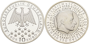 ФРГ 10 евро 2005 G, 200 лет со дня смерти Фридриха фон Шиллера KM 239, DE.S. 10.20 серебро PROOF 1076-3-54