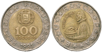 Португалия 100 эскудо 1991 Педру Нуниш (1502-1578), математик KM 645 биметалл 4620-445