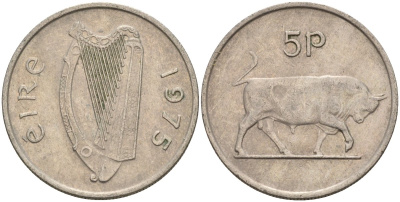 Ирландия 5 пенсов 1975 бык KM 22 медно-никель 4146-526