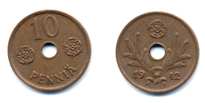 ФИНЛЯНДИЯ 10 ПЕННИ 1942 KM 33.1 медь 51-4963