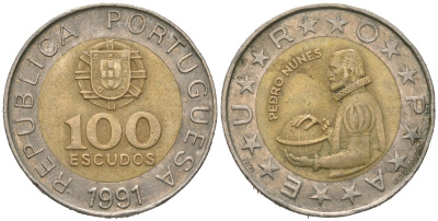 Португалия 100 эскудо 1991 Педру Нуниш (1502-1578), математик KM 645 биметалл 4620-445
