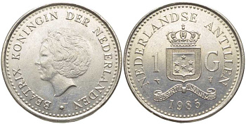 Нидерландские Антилы 1 гульден 1985 Беатрикс (1980-2013) KM 24 никель 111-814