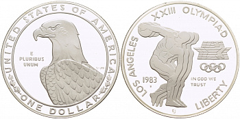 США 1 доллар 1983 XXII Олимпийские игры в Лос-Анжелесе, дискобол, S KM 209 серебро PROOF 06-255-11