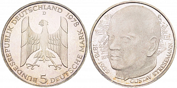 ФРГ 5 МАРОК 1978 D, 100 ЛЕТ СО ДНЯ РОЖДЕНИЯ ГУСТАВА ШТРЕЗЕМАНА KM 147, J. 422 серебро PROOF 1087-2-74