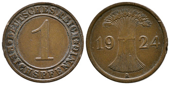 ГЕРМАНИЯ 1 РЕЙХСПФЕННИГ 1924 А KM 37, J.313 бронза 4380-1052