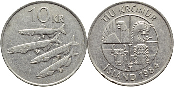 Исландия 10 крон 1984 РЫБЫ KM 29.1 медно-никель 3334-322