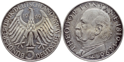 ФРГ 5 марок 1969 G, 150 лет со дня рождения Теодора Фонтана J. 399, KM 125.1 серебро 87-1022