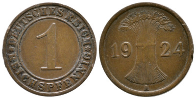 ГЕРМАНИЯ 1 РЕЙХСПФЕННИГ 1924 А KM 37, J.313 бронза 4380-1052