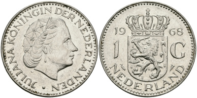Нидерланды 1 гульден 1968 Юлиана (1948-1980) KM 184a никель 94-614