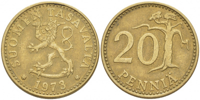 ФИНЛЯНДИЯ 20 ПЕННИ 1973 S KM 47 алюминиевая бронза 3718-1236
