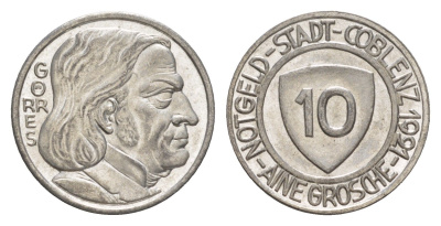 Кобленц 10 пфеннигов 1921 Funck 80.5, Men05 4526.11, Men18 5727.11 железо плакированная никелем UNC 54-269