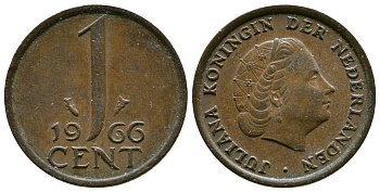 НИДЕРЛАНДЫ 1 ЦЕНТ 1966 ЮЛИАНА KM 180 бронза 75-912