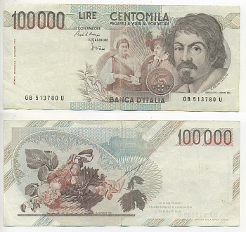 Италия 100000 лир 1983 Караваджо, фруктовый букет, подпись Speziali Pick 110b бумага 7220-32-3