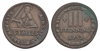 Мюнстер 3 пфеннига 1753 Монетный двор кафедрального капитула KM 431 медь 633-1621