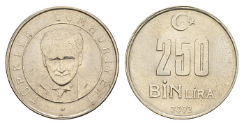 Турция 250000 лир 2002 Кемаль Ататюрк KM 1137 медь цинк никель 4648-1226