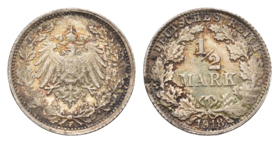 Германия 1/2 марки 1918 F KM 14, J. 17 серебро 4164-434