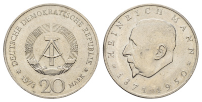 ГДР 20 марок 1971 А, 100 лет со дня рождения Генриха Манна (1871-1950) KM 33, J. 1531 медно-никель 4680-736