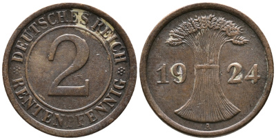 ГЕРМАНИЯ 2 РЕНТЕНПФЕННИГА 1924 A KM 31, J. 307 бронза 24-556