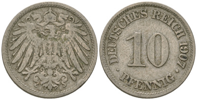 Германия 10 пфеннигов 1907 A KM 12, J. 13 медно-никель 4641-436
