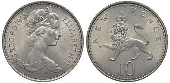 Великобритания 10 пенсов 1968 Елизавета II (1952-2022) KM 912, Spink 4231 (F1) медно-никель 4123-826