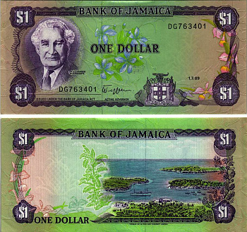 ЯМАЙКА 1 ДОЛЛАР 1989 АЛЕКСАНДР БУСТАМАНТЕ, 1 ИЮЛЯ 1989, ПОДПИСЬ 9 Pick 68Ас бумага XF 6299-12-2-2